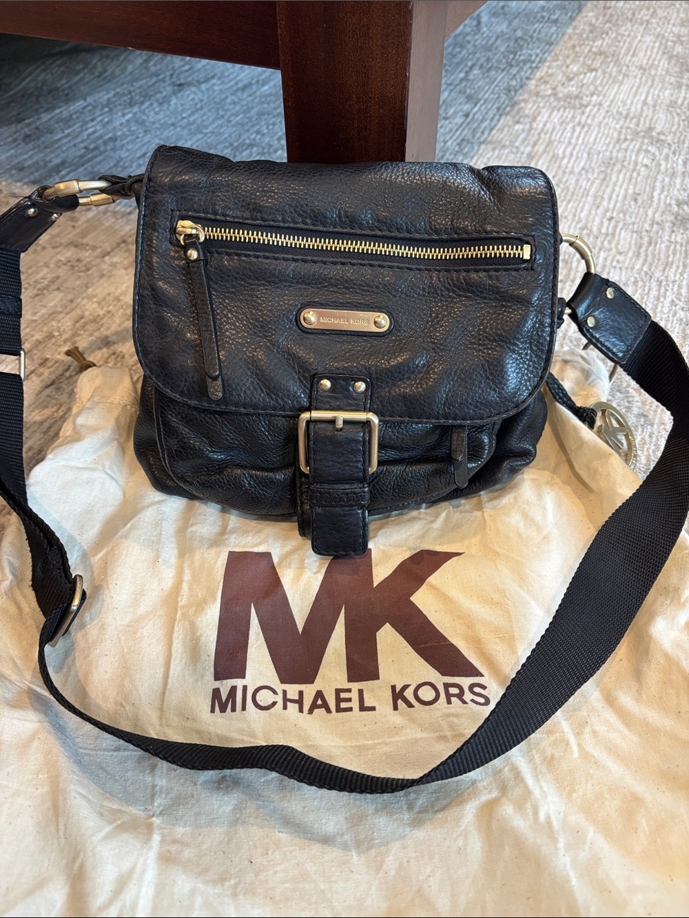 Michael Kors Black Leather Messenger Crossbody with Gold Hardware